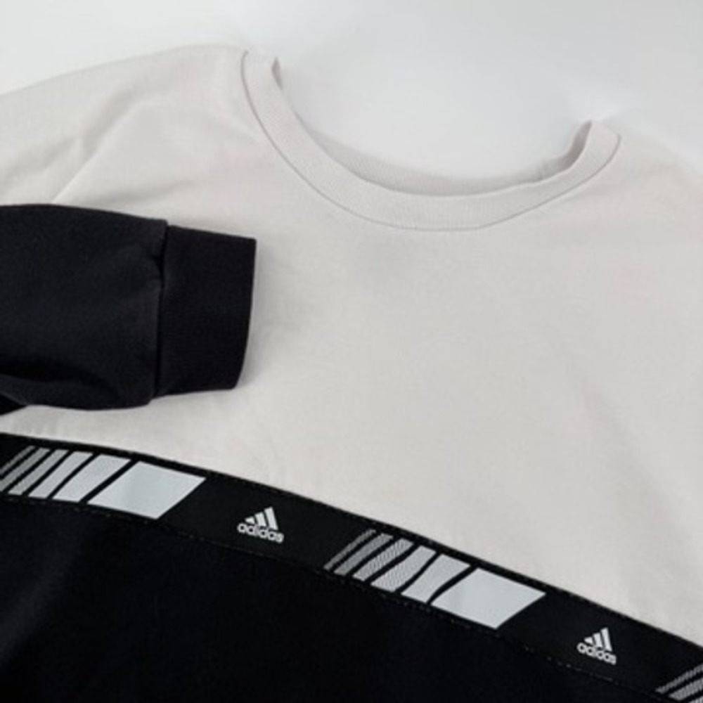 Adidas Womens‎ Cropped Sweatshirt Black White Logo Tape Raw Hem Large